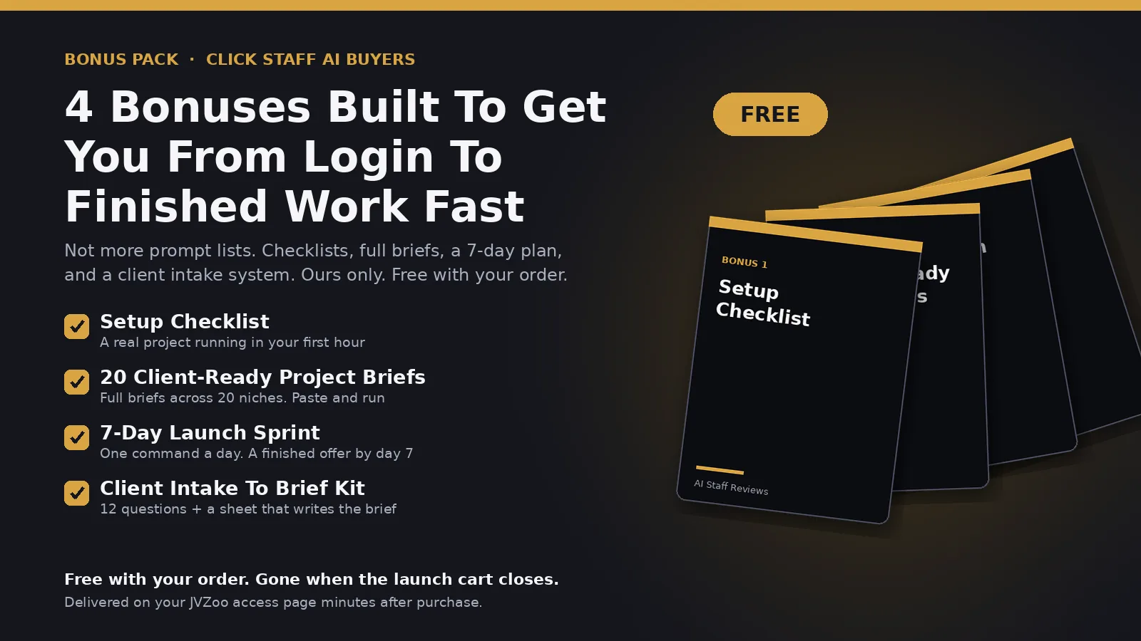 Click Staff AI bonus pack from AI Staff Reviews: setup checklist, 20 project briefs, 7-day launch sprint, client intake kit.